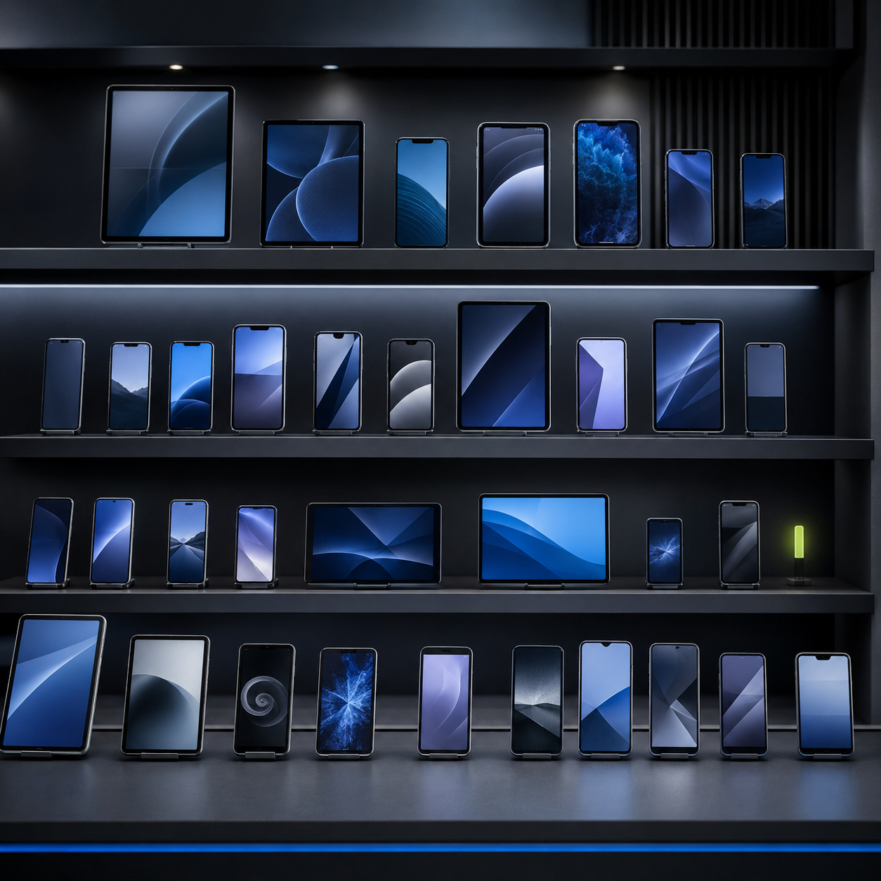 An organised selection of mobile devices ready for sourcing